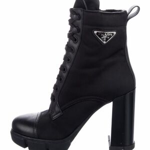 Prada Black Lace-Up Platform Ankle Boots with Chunky Heel